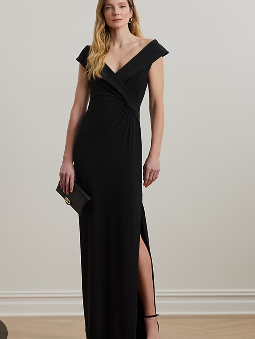 Lauren Ralph Lauren Black Jersey Knot-Detail Evening Gown Sz 16